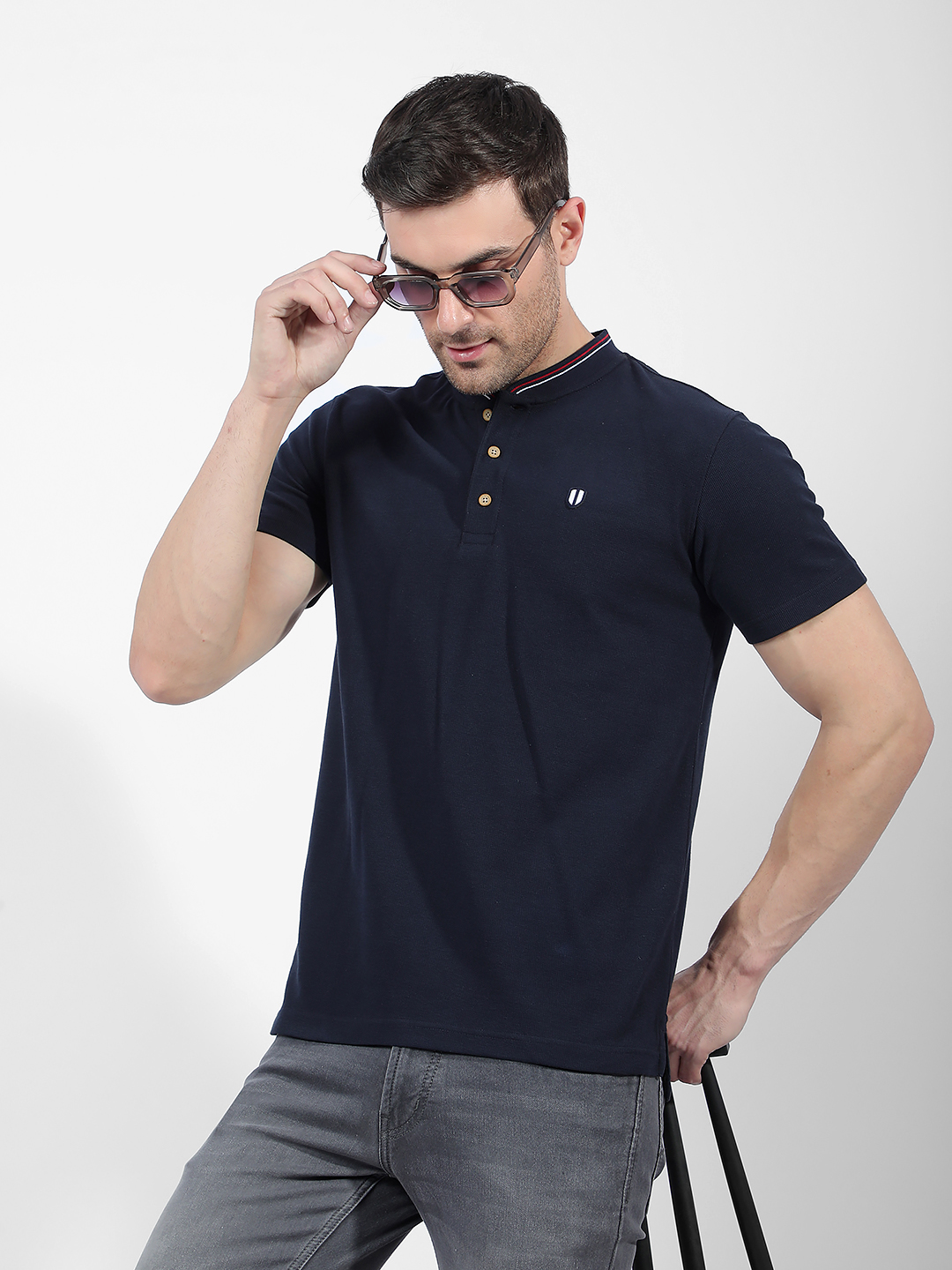 Numero Uno Men Navy Blue Henley Collar Polo T-Shirt